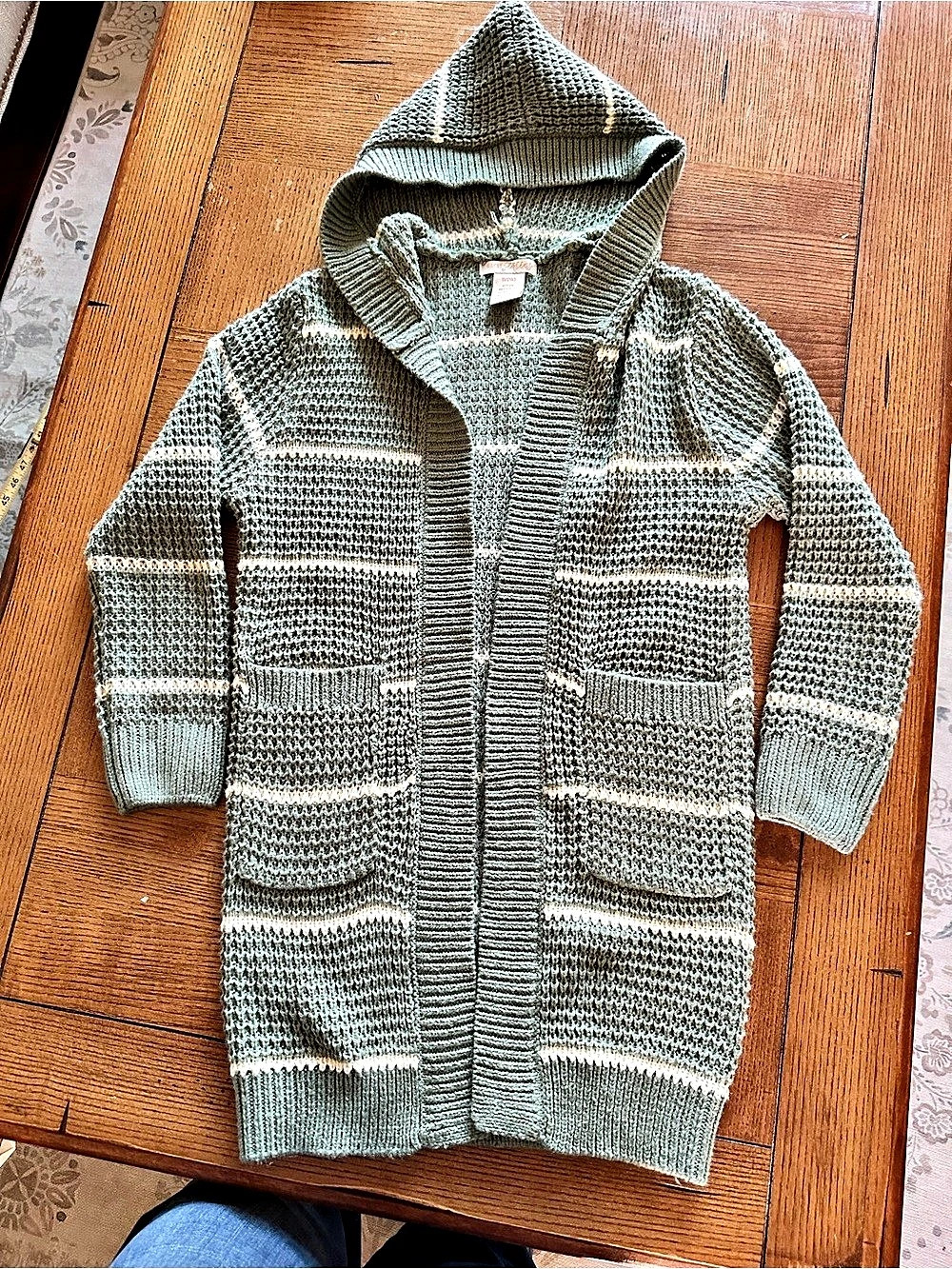 Sweet stories Striped Hooded Cardigan in Green & Cream Size Medium